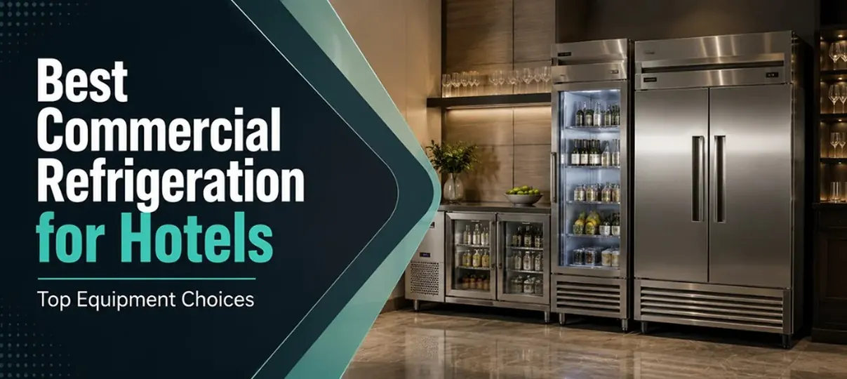 Best Commercial Refrigeration for Hotels desktop banner showing stainless steel glass-door reach-in refrigerators stocked with beverages in a professional hotel kitchen