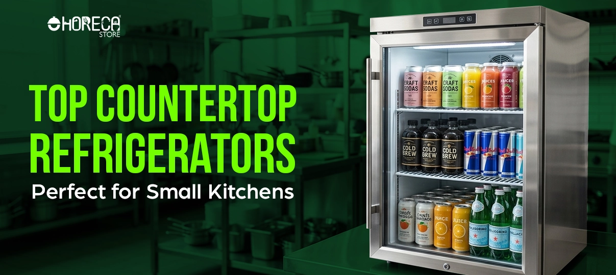 Countertop glass door refrigerator with beverages displayed, ideal for small kitchens, cafes, and bars, featuring top countertop refrigerators for compact commercial spaces