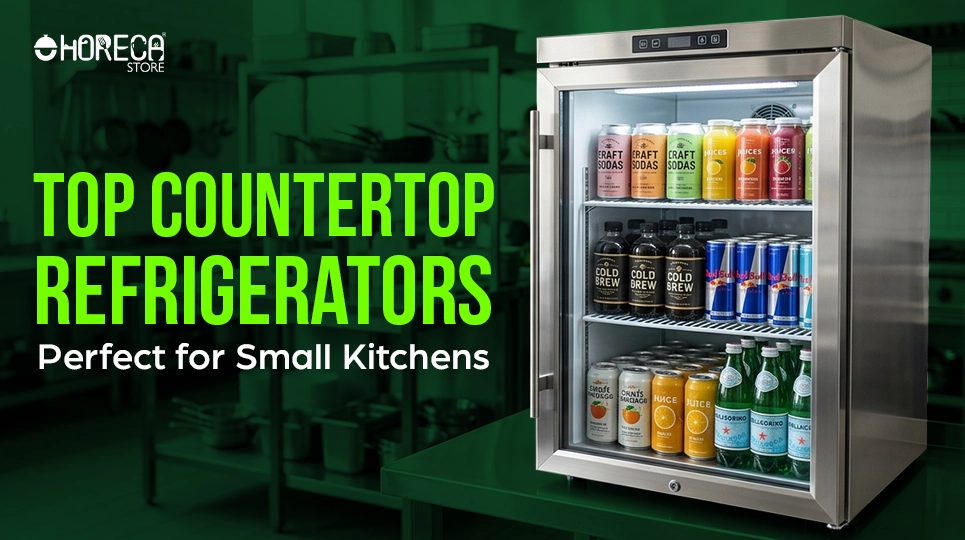 Countertop glass door refrigerator with beverages displayed, ideal for small kitchens, cafes, and bars, featuring top countertop refrigerators for compact commercial spaces