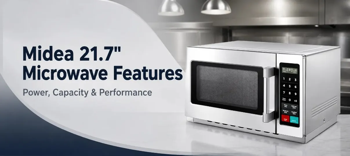 Midea 21.7" Microwave Features desktop banner showing a stainless steel commercial microwave with digital controls on a kitchen counter, highlighting power, capacity, and performance