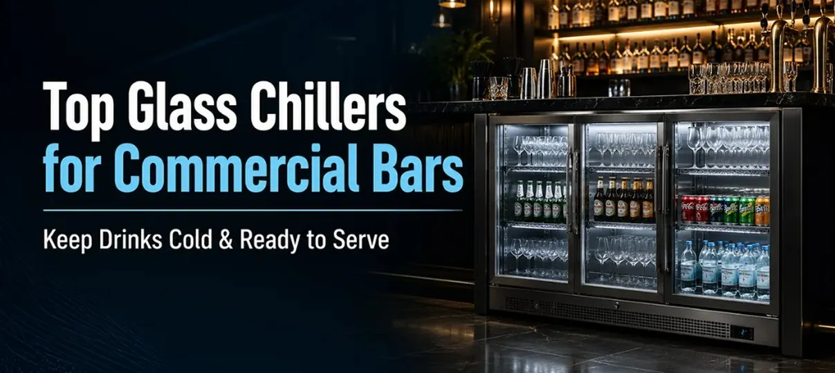 Top Glass Chillers for Commercial Bars banner with a three-door back-bar glass chiller stocked with drinks and glassware, Keep Drinks Cold and Ready to Serve text
