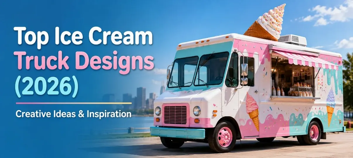 Top Ice Cream Truck Designs 2026 banner with a pastel pink and blue ice cream truck, giant soft-serve cone on the roof, and Creative Ideas and Inspiration text