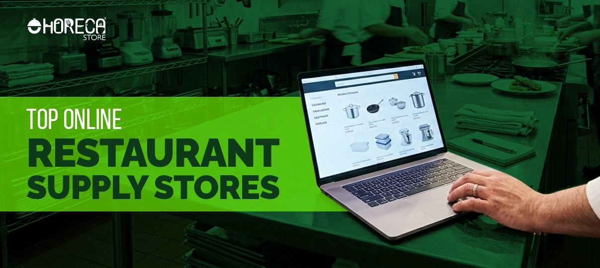 Restaurant owner shopping for commercial kitchen supplies online in professional kitchen