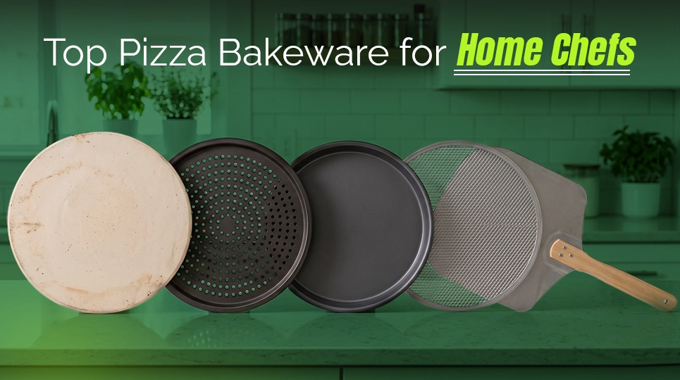 Top pizza bakeware featuring pizza stone, perforated pizza pan, solid pizza pan, and pizza peel for making crispy, restaurant-quality pizzas in commercial kitchens, pizzerias, and foodservice operations.