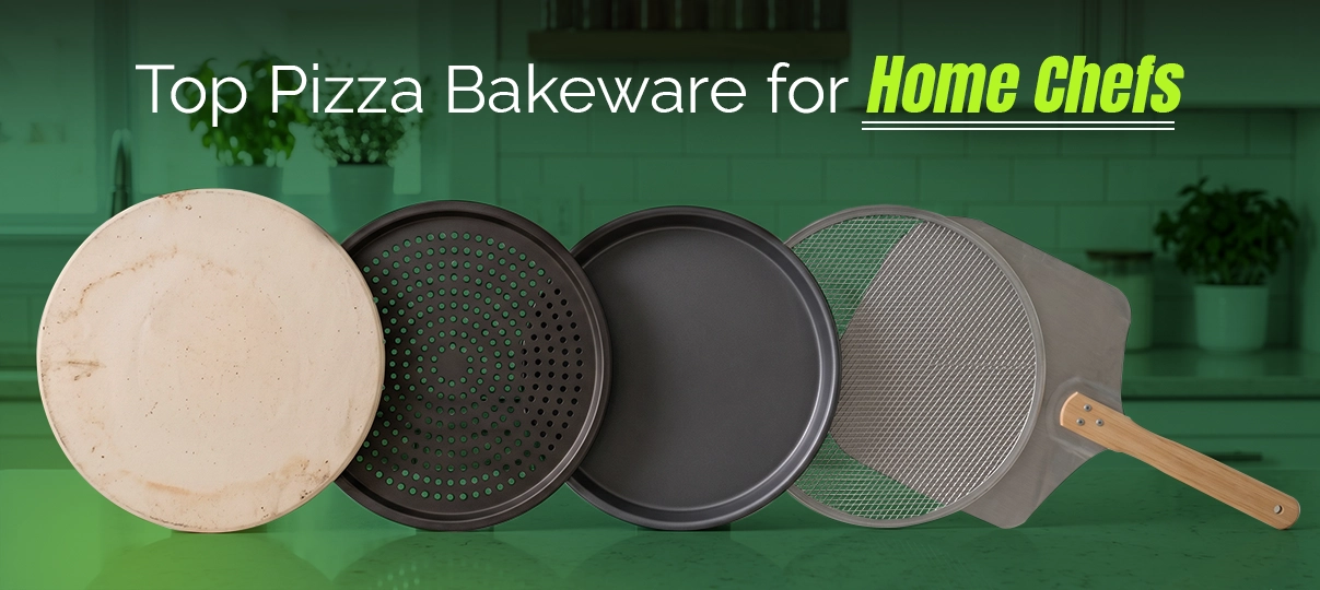Top pizza bakeware featuring pizza stone, perforated pizza pan, solid pizza pan, and pizza peel for making crispy, restaurant-quality pizzas in commercial kitchens, pizzerias, and foodservice operations.