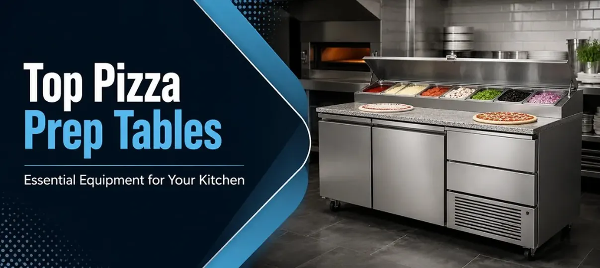 Top Pizza Prep Tables desktop banner showing a stainless steel commercial pizza prep table with refrigerated topping rail, fresh ingredients, and pizzas in a professional kitchen
