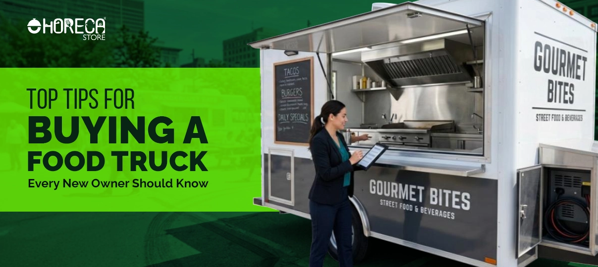 Top tips for buying a food truck – woman inspecting a gourmet street food truck for restaurant business setup