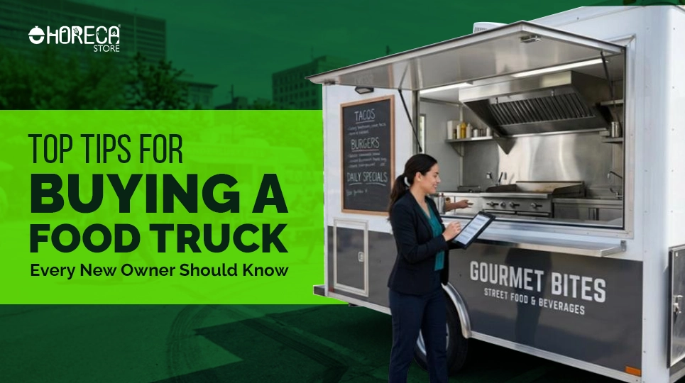 Top tips for buying a food truck – woman inspecting a gourmet street food truck for restaurant business setup