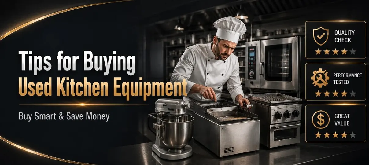 Desktop banner of a chef inspecting used stainless kitchen equipment with Quality Check and Great Value badges