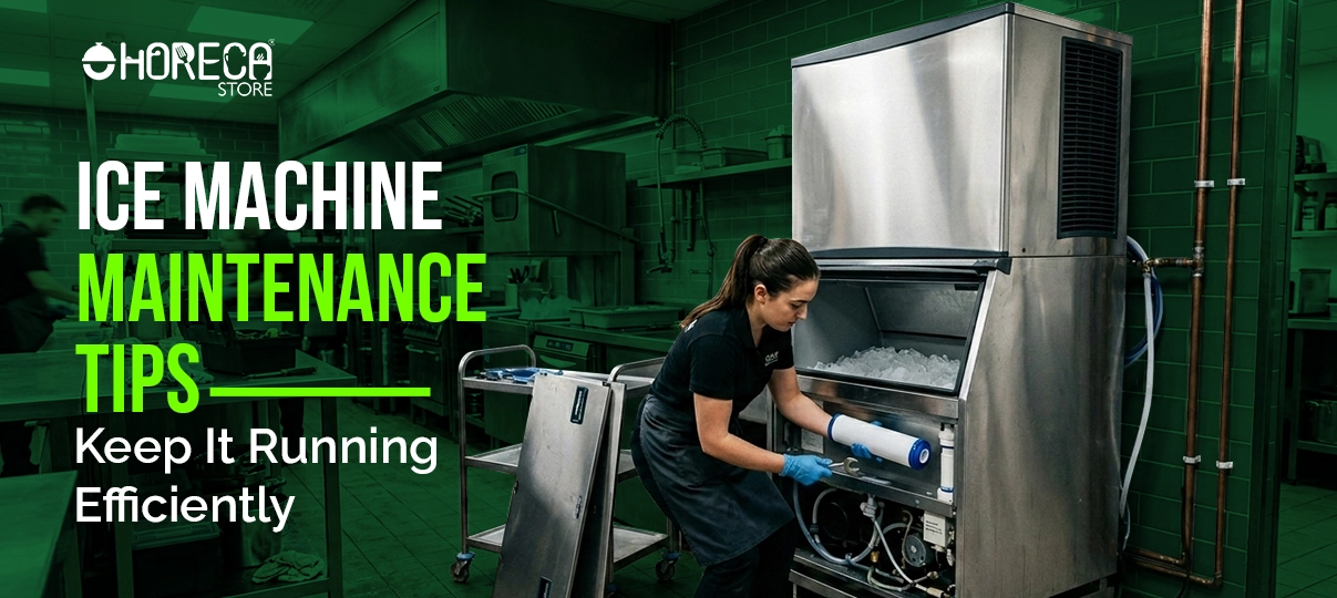 Restaurant staff cleaning commercial ice machine to improve efficiency and performance