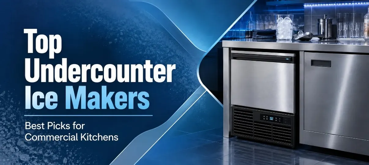Top Undercounter Ice Makers desktop banner showing a stainless steel undercounter ice maker built into a commercial bar counter with a glass of ice cubes, highlighting best picks for commercial kitchens
