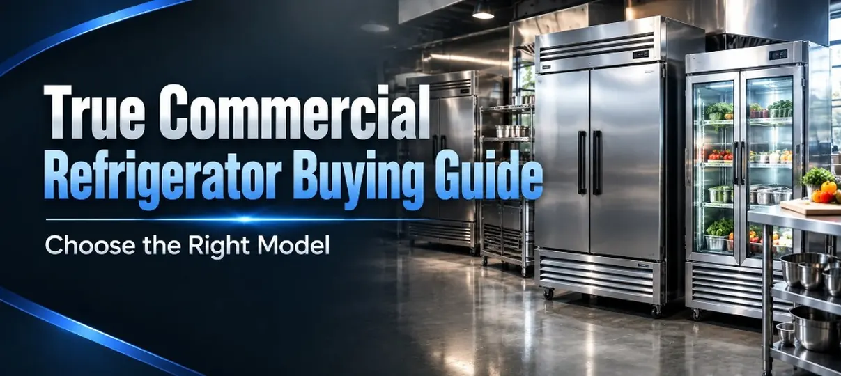 Commercial kitchen with solid-door and glass-door reach-in refrigerators beside a prep table under a hood