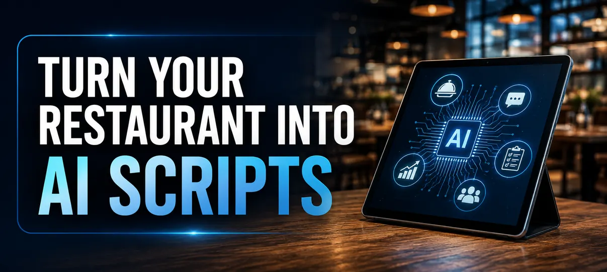 Tablet on a restaurant table showing an AI management graphic with icons for dining, chat, operations, guests, and analytics, titled Turn Your Restaurant Into AI Scripts.