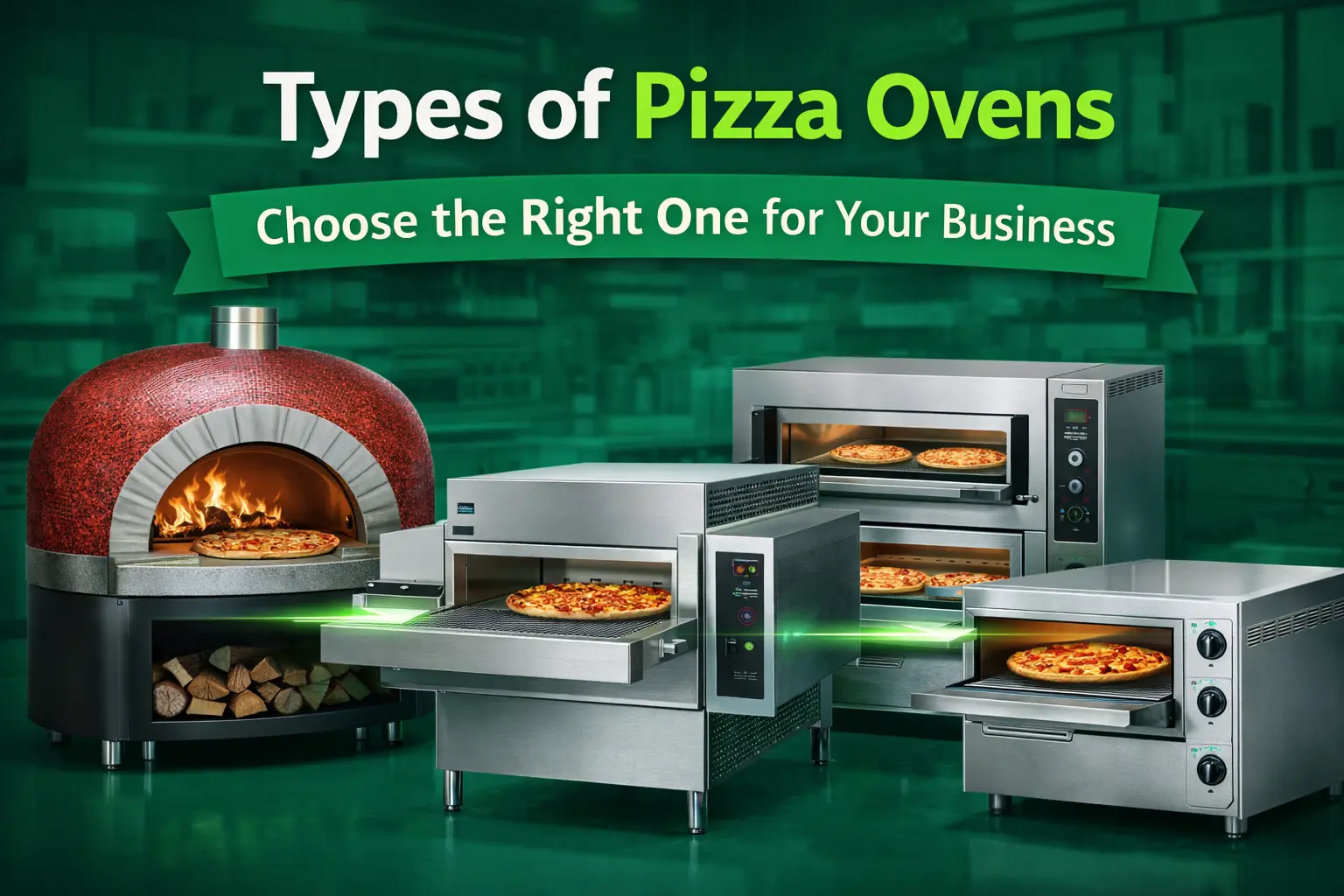 Different types of commercial pizza ovens including deck, conveyor, and wood-fired ovens with pizzas, helping restaurants choose the right pizza oven for their business