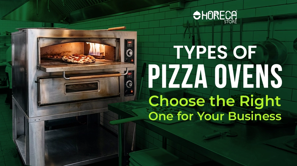 Different types of commercial pizza ovens including deck, conveyor, and wood-fired ovens with pizzas, helping restaurants choose the right pizza oven for their business