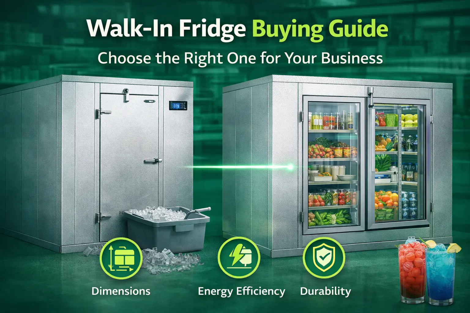 Commercial walk-in fridge buying guide banner showing two stainless steel walk-in refrigerators—one closed and one with glass doors displaying food and beverages—highlighting key factors like dimensions, energy efficiency, and durability for businesses.