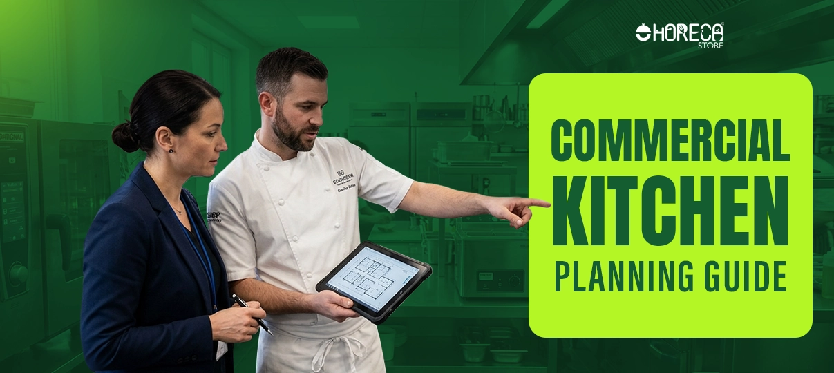 Commercial kitchen planning guide with chef and consultant reviewing kitchen layout on tablet