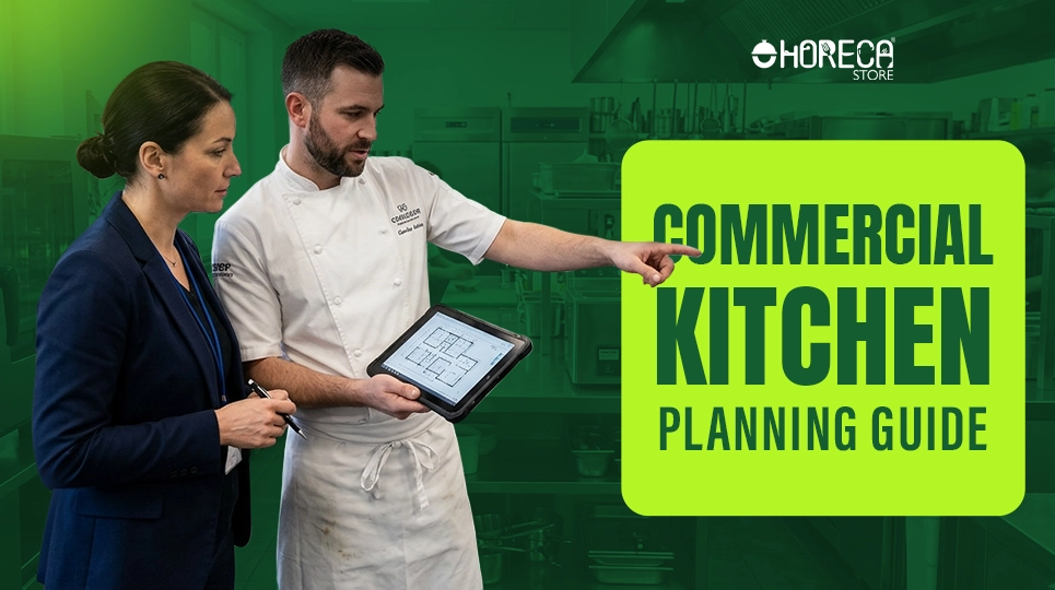 Commercial kitchen planning guide with chef and consultant reviewing kitchen layout on tablet