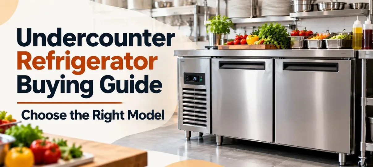 Desktop banner of a stainless three-door undercounter refrigerator under a prep counter with lettuce, tomatoes, peppers, and herbs, wire shelves of plates and bowls behind it, and the headline Undercounter Refrigerator Buying Guide, Choose the Right Model