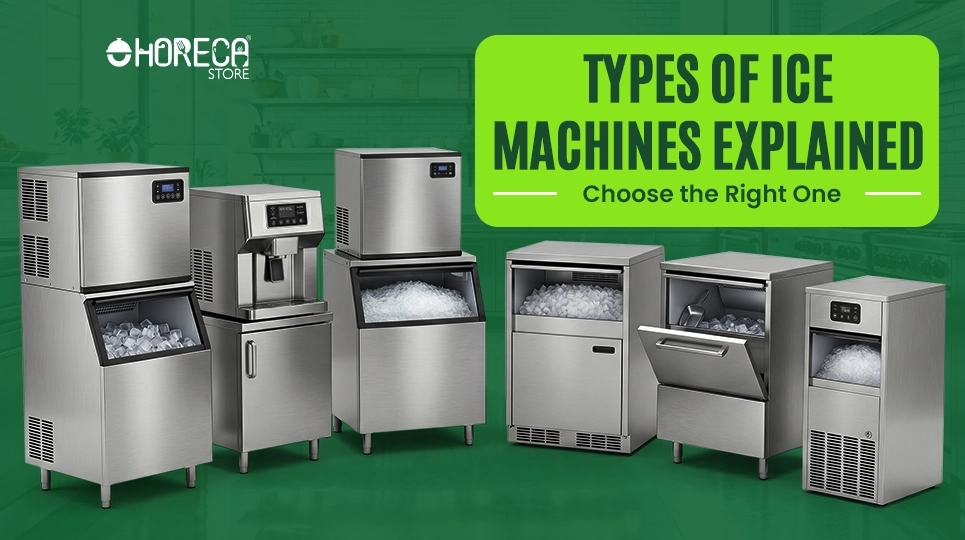 Types of ice machines explained featuring commercial cube ice makers, nugget ice machines, flake ice makers, and undercounter ice machines for restaurants, bars, and foodservice businesses.