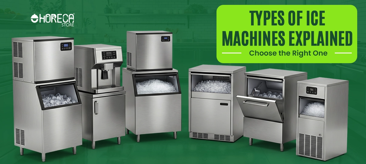 Types of ice machines explained featuring commercial cube ice makers, nugget ice machines, flake ice makers, and undercounter ice machines for restaurants, bars, and foodservice businesses.