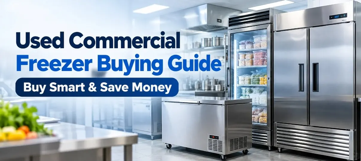 Commercial kitchen with a chest freezer, a glass-door freezer of frozen food, and a solid-door reach-in freezer