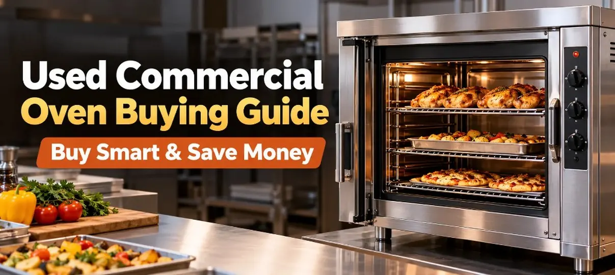 Stainless convection oven with roasted chickens, roasted potatoes, and pizzas on the racks, beside a cutting board of peppers, tomatoes, and herbs on a steel counter