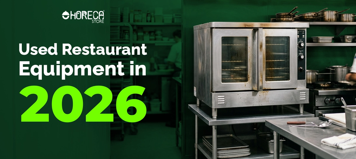 Used restaurant equipment 2026 banner by HorecaStore featuring commercial oven in professional kitchen setup for horeca businesses