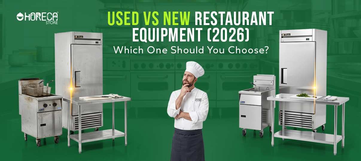 Used vs new restaurant equipment comparison 2026 – chef evaluating commercial kitchen appliances including refrigerators, prep tables, and fryers for cost and performance decisions