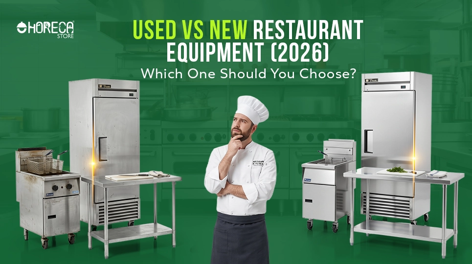 Used vs new restaurant equipment comparison 2026 – chef evaluating commercial kitchen appliances including refrigerators, prep tables, and fryers for cost and performance decisions