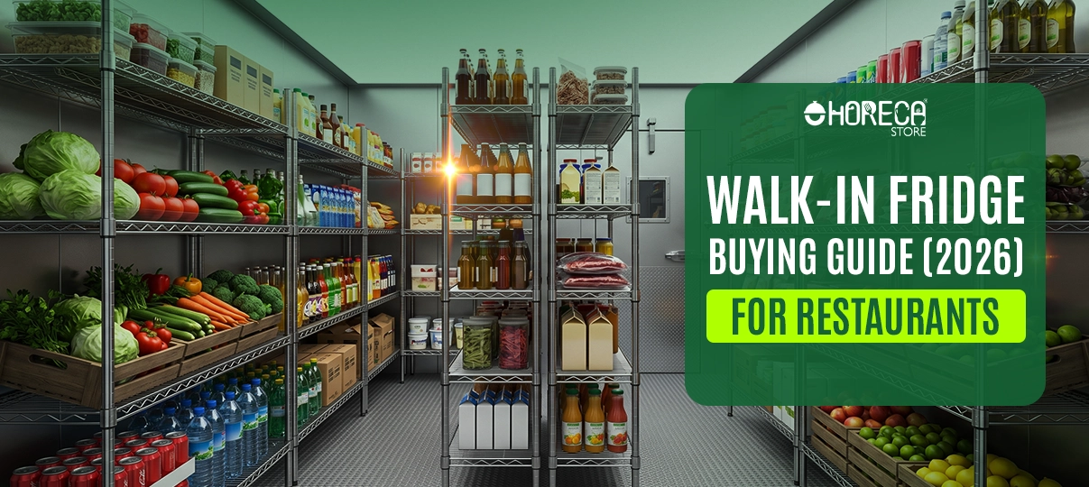 Walk-in commercial refrigerator interior with metal storage racks filled with fresh vegetables, beverages, dairy products, and packaged food, labeled as a “Walk-In Fridge Buying Guide (2026) for Restaurants” by Horeca Store.