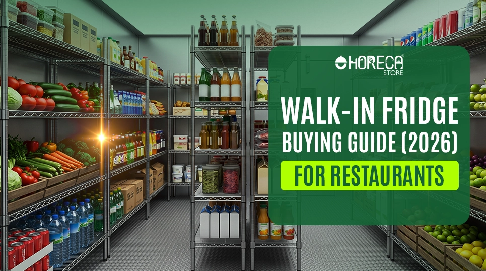 Walk-in commercial refrigerator interior with metal storage racks filled with fresh vegetables, beverages, dairy products, and packaged food, labeled as a “Walk-In Fridge Buying Guide (2026) for Restaurants” by Horeca Store.