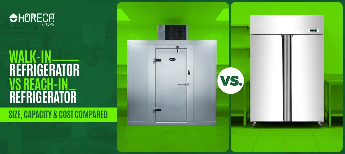 Comparison image of a walk-in refrigerator versus a reach-in refrigerator, highlighting differences in size, capacity, and commercial kitchen use