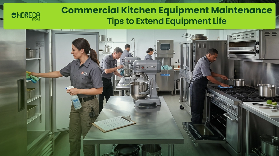 Commercial kitchen equipment maintenance tips featuring staff cleaning refrigerators, mixers, ovens, and cooking equipment