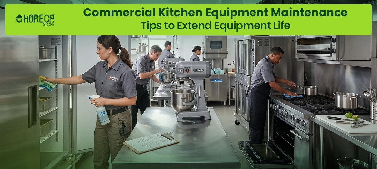 Commercial kitchen equipment maintenance tips featuring staff cleaning refrigerators, mixers, ovens, and cooking equipment