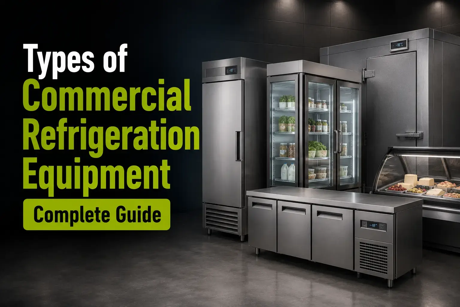 Types of commercial refrigeration equipment guide showing reach-in freezer, glass-door cooler, walk-in unit, prep counter, and deli display case.