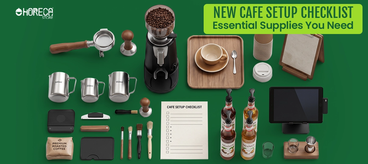New cafe setup checklist featuring coffee grinder, barista tools, POS system, serving supplies, and essential café equipment.