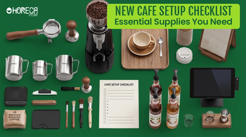 New cafe setup checklist featuring coffee grinder, barista tools, POS system, serving supplies, and essential café equipment.