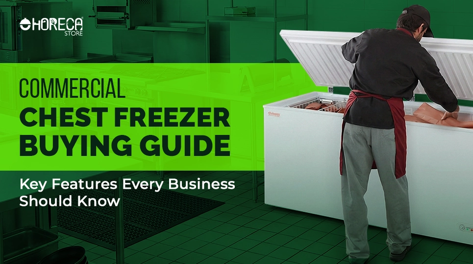 Commercial chest freezer with an open lid, showing a staff member organizing frozen food in a commercial kitchen