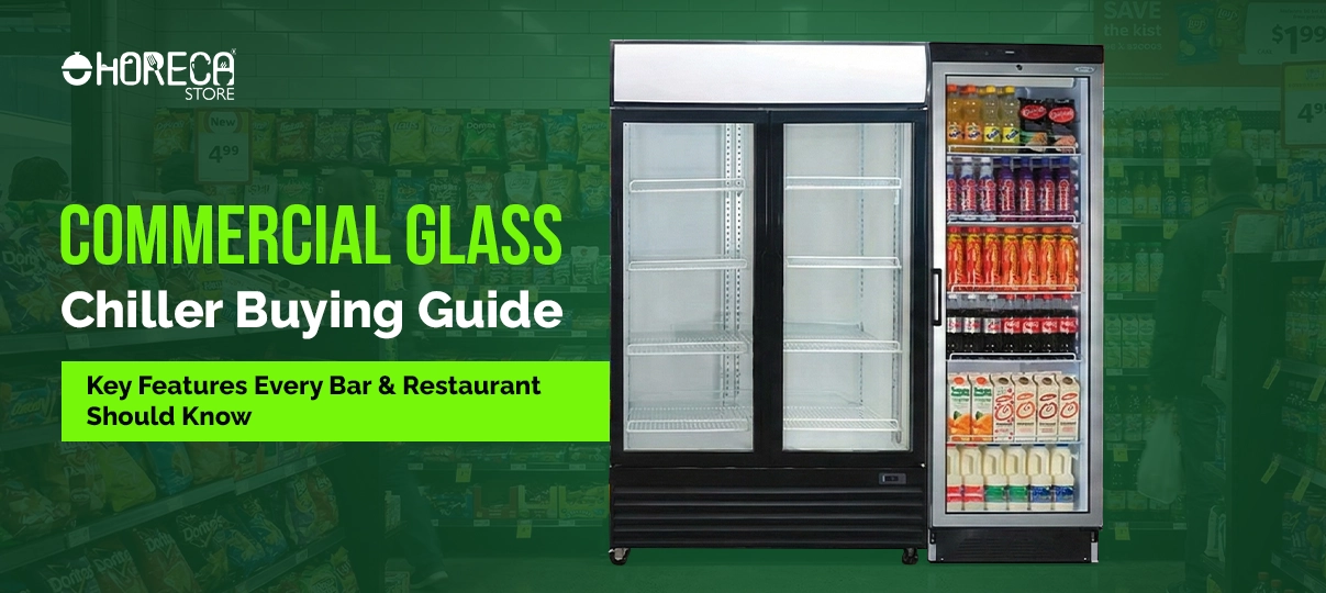 Commercial glass door chiller used for displaying cold drinks and packaged beverages in a retail setting