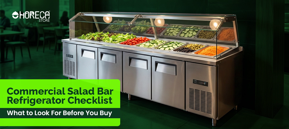 Commercial salad bar refrigerator with fresh produce display for food service