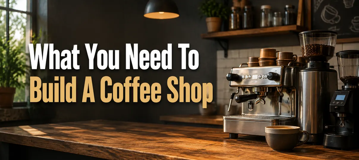 Professional espresso machine and coffee grinder on a wooden cafe counter with a latte, coffee beans, and chalkboard menu, titled What You Need To Build A Coffee Shop.