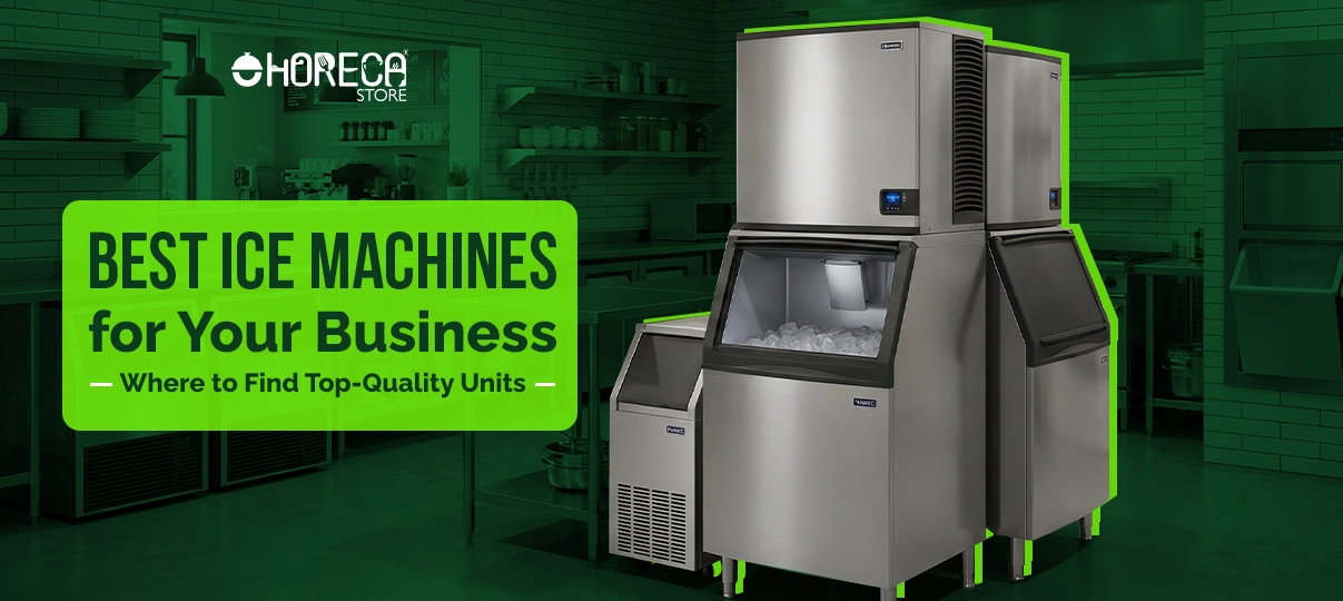 Commercial ice machines with built-in ice bins displayed in a professional kitchen environment