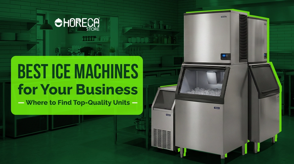 Commercial ice machines with built-in ice bins displayed in a professional kitchen environment