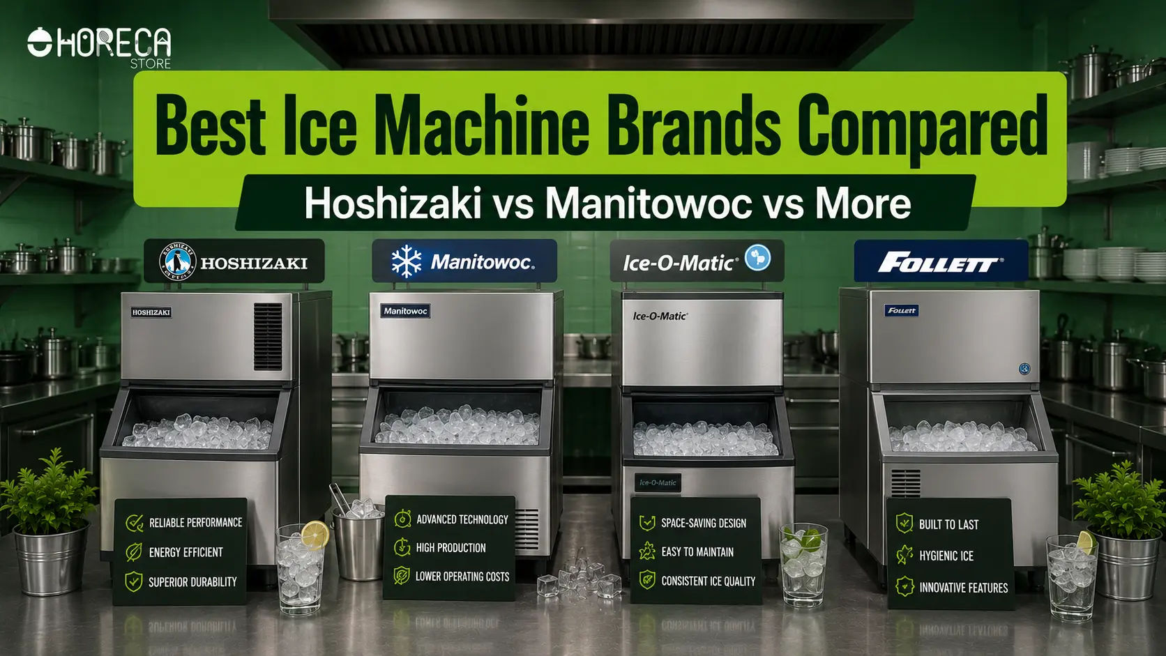 Compare top commercial ice machine brands including Hoshizaki, Manitowoc, Ice-O-Matic, and Follett for performance and value.