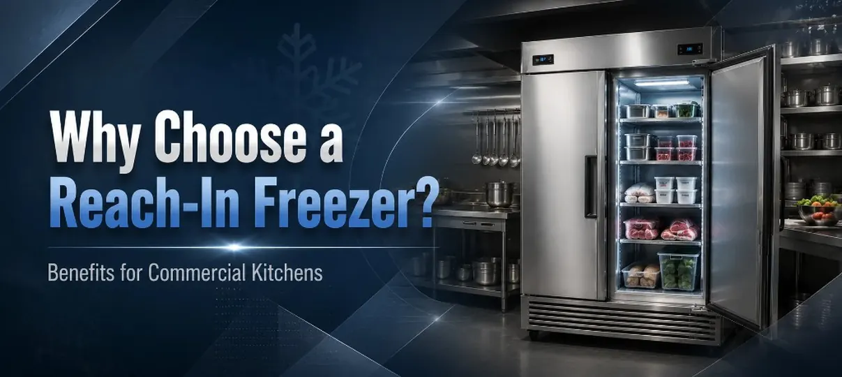 Desktop banner of a two-door stainless reach-in freezer with open shelves in a commercial kitchen