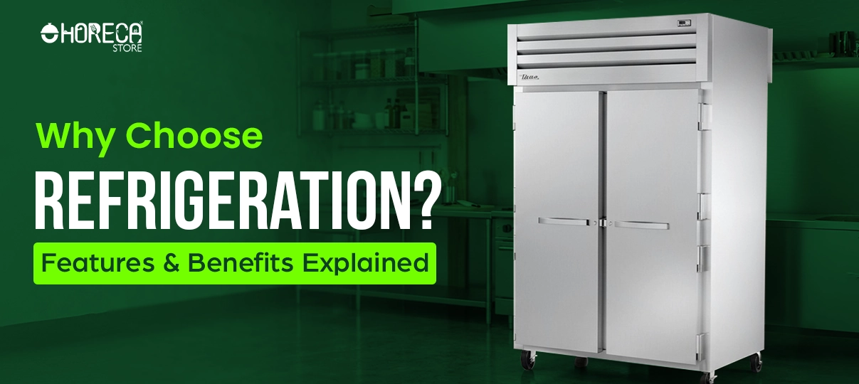 Commercial double door reach-in refrigerator in professional kitchen, highlighting refrigeration features and benefits for restaurants, hotels, and food service businesses
