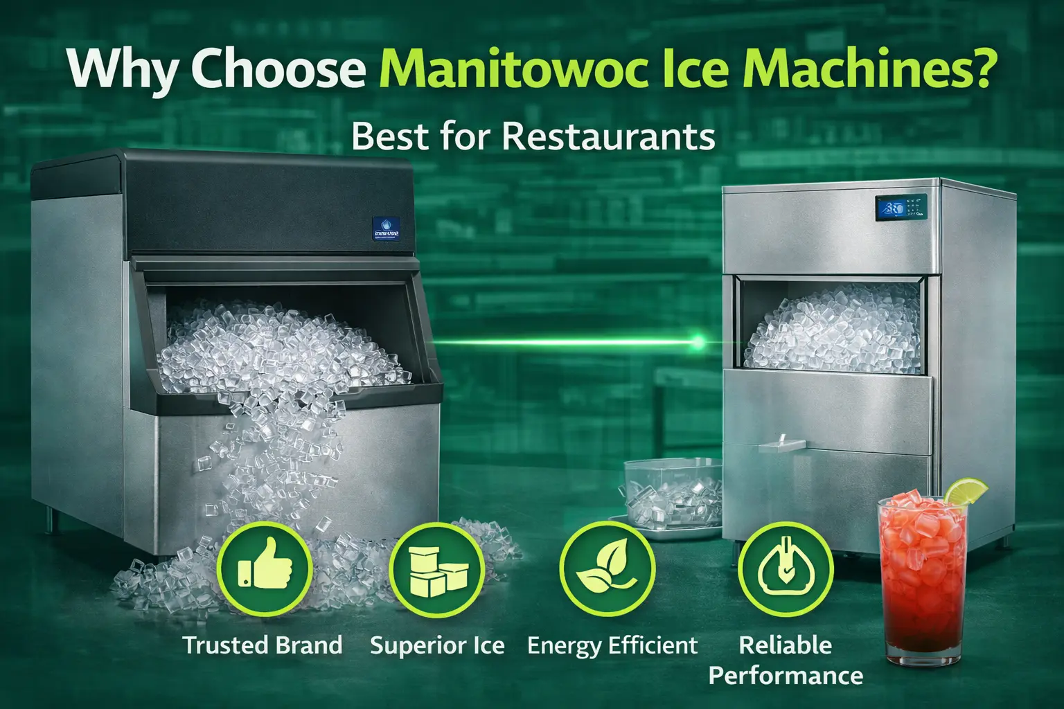 Banner showcasing Manitowoc ice machines for restaurants, featuring two commercial ice makers filled with ice, highlighting benefits like trusted brand, superior ice quality, energy efficiency, and reliable performance.