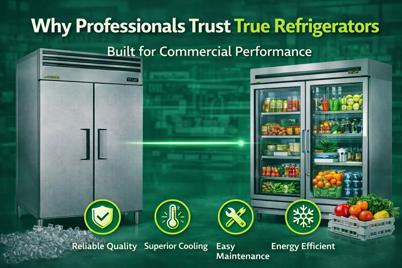 banner highlighting True commercial refrigerators, featuring a solid-door unit and a glass-door display fridge stocked with fresh food, emphasizing reliable quality, superior cooling, easy maintenance, and energy efficiency for professional use.