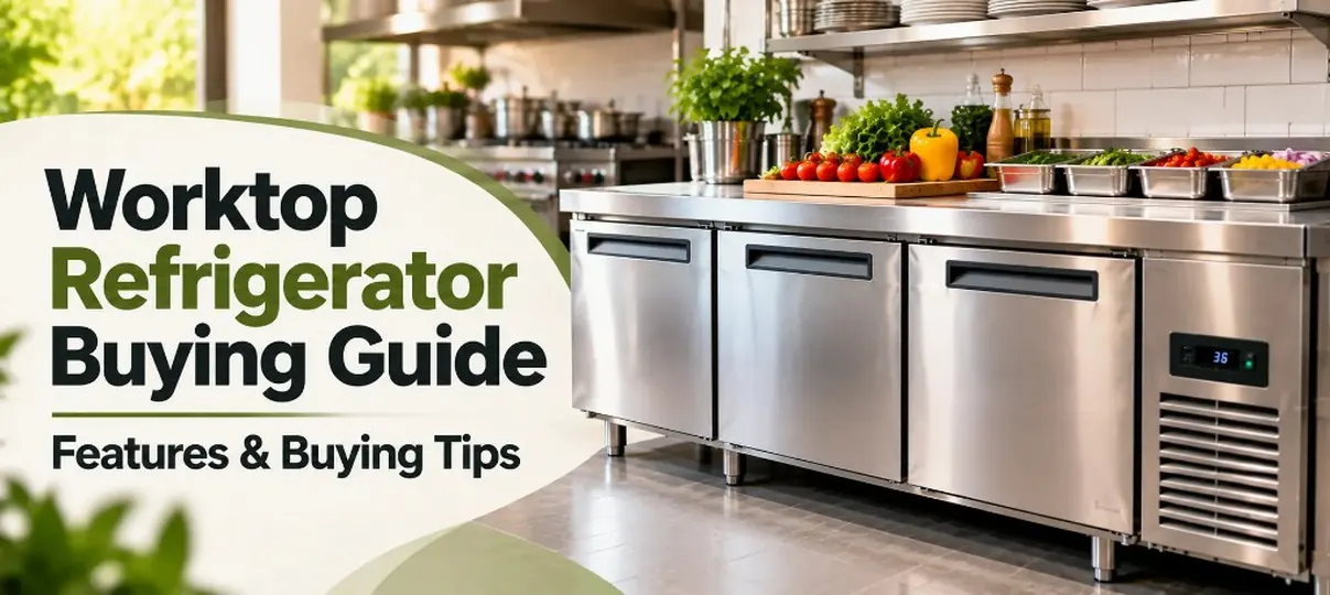 Desktop banner of a stainless three-door worktop refrigerator with produce, ingredient pans, a 36-degree display, and the headline Worktop Refrigerator Buying Guide